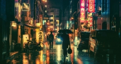 Đêm mưa lãng mạn trên con đường nhỏ ở Tokyo